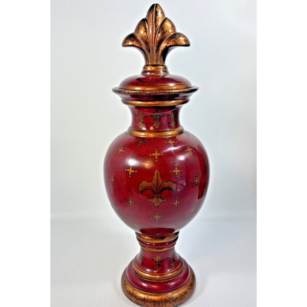 Fleur-de-lis Ginger Jar Mantle Urn Vase Ornate Oxblood Red Gold 18x5 in French